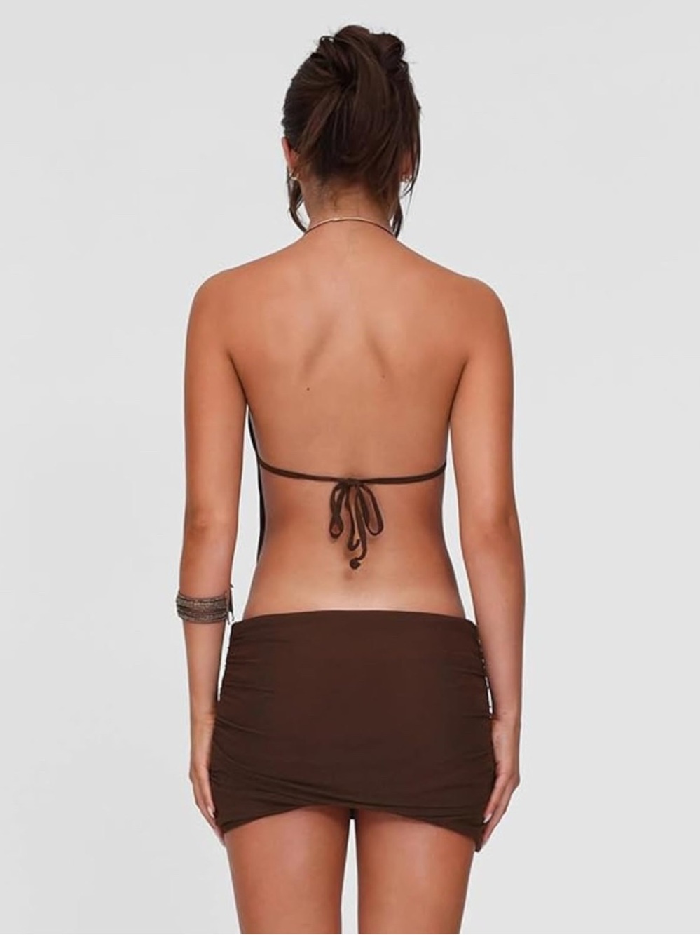 Brown Halter Ruched Mini Dress - Picture 3 of 3